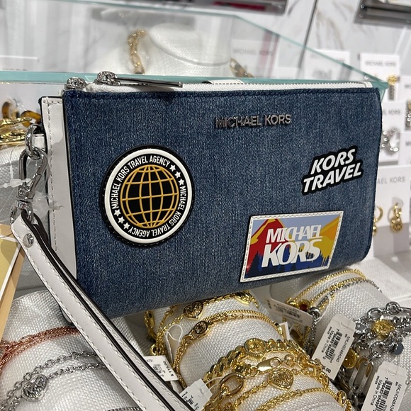 Michael Kors Jet Set Travel Lg Embellished Denim Wristlet Wallet Phone Patches - Picture 4 of 16